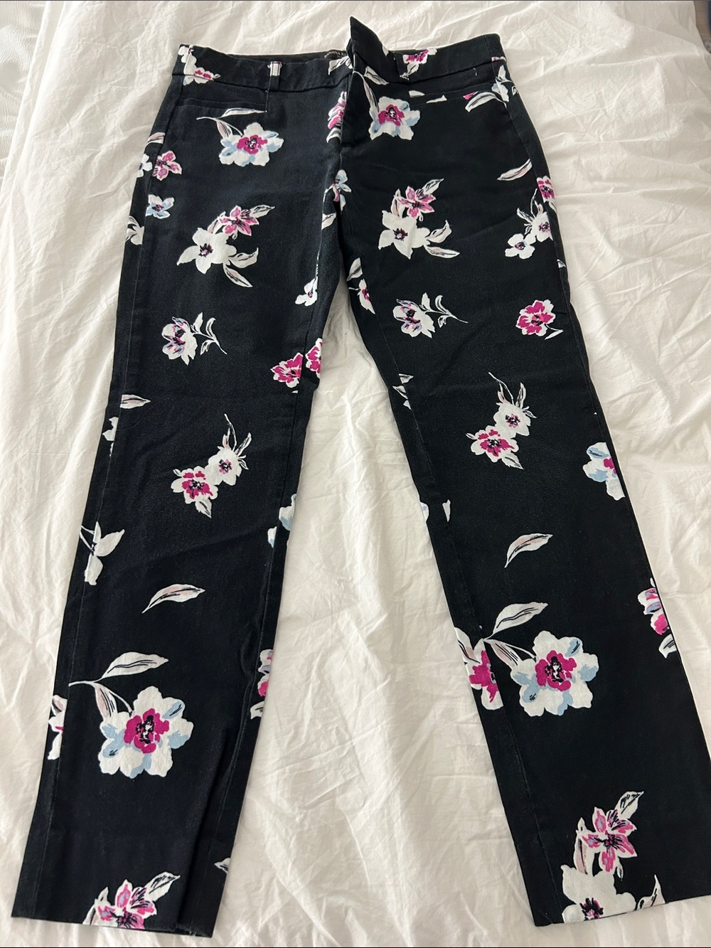 Banana Republic Black Floral Sloan Pants with Pink & White Blooms